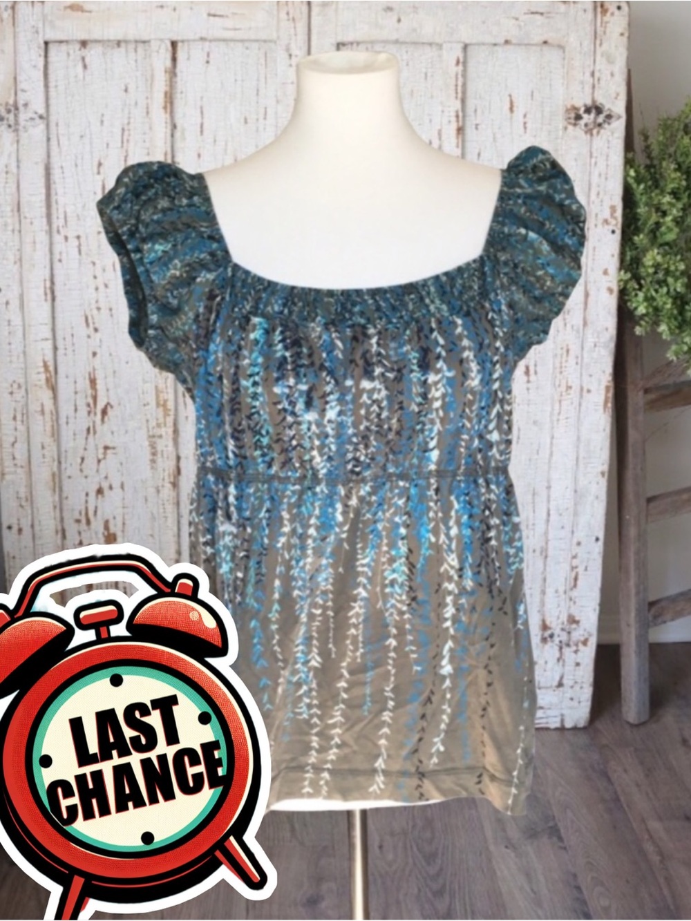 LAST Chance Calvin Klein Olive & Blue Cute Summer Top Puff Sleeves or Off Should